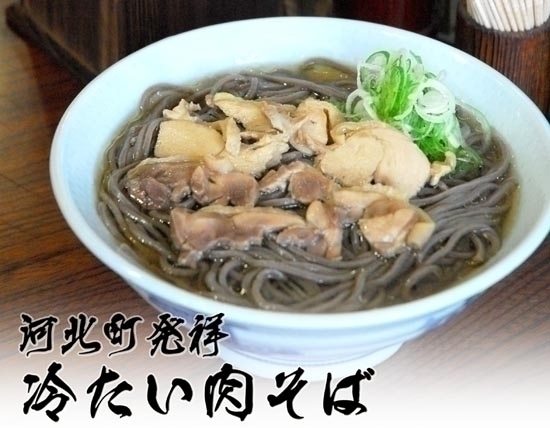 「河北町発祥冷たい肉そば」どんぶりに盛られたかけそばに肉とネギが乗っている冷たい肉そばの写真