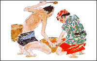 袋に灰水をかけている2人の職人の様子が描かれているイラスト