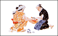 紅の液体を紅皿に集めている二人の職人の様子が描かれているイラスト