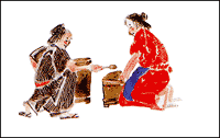 紅が染まっている布に灰汁をかけている2人の職人の様子が描かれているイラスト