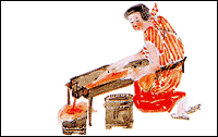 紅の入った桶に梅酢を注いでいる職人の様子が描かれているイラスト