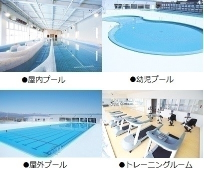 上に屋内プールと幼児用プール、下に屋外プールとトレーニングルームの4枚並んでいる写真