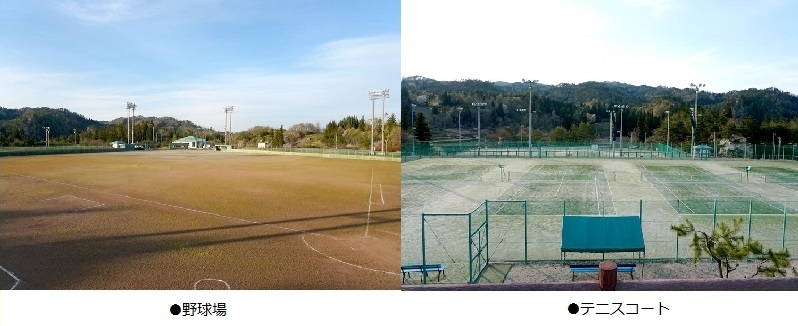 左から広々とした野球場と、人工芝のテニスコートの2枚並びの写真