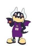 角と尻尾と翼が生えたキャラクターが紫のパンツとビブスを着たイラスト