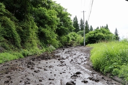山中の道がぬかるんでおり泥の塊がところどころにできている写真