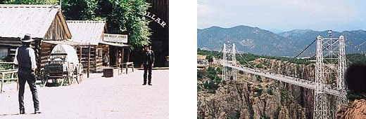ログハウスの前に馬車がありその前の道に男性2人が写った写真と崖を繋ぐ大きな橋が写った2枚の写真