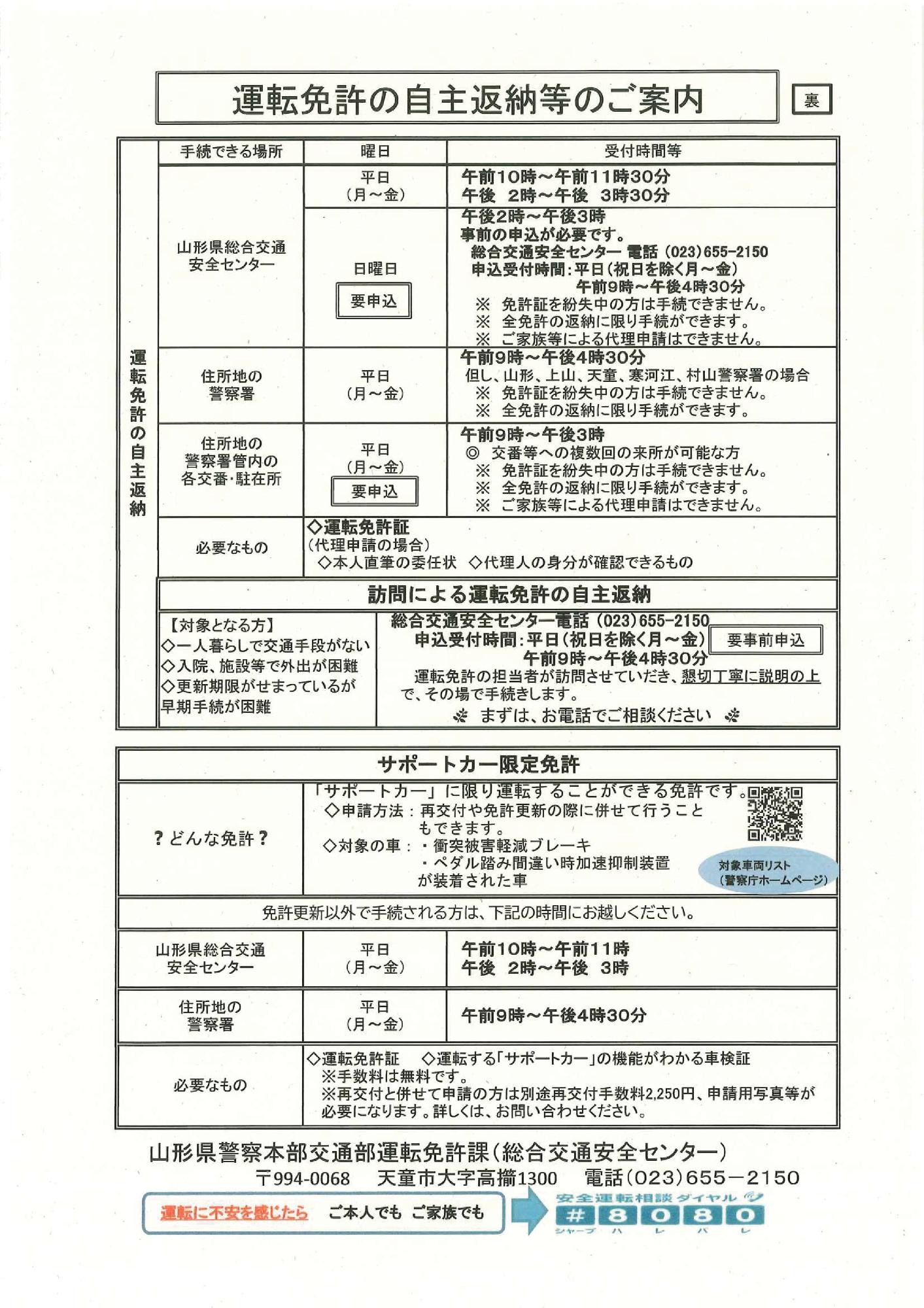 運転免許の自主返納等のご案内