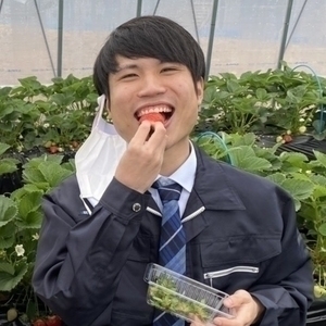 ビニールハウスの中でネクタイをした男性が笑顔でイチゴを食べている写真