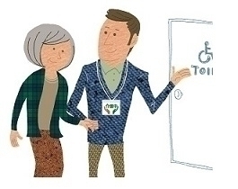 男性が高齢者の女性の手をつないでトイレまで案内しているイラスト